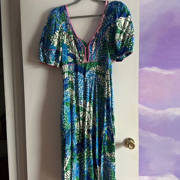 Farm Rio Blue and Green V-Neck Cutout Midi Dress - Picture 3 of 7